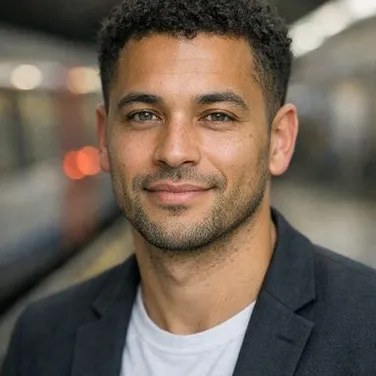 Man mid-30s light brown skin tight curls green-brown eyes dark blazer white tee